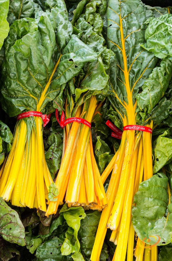 Swiss chard orange seeds from SeedsNow, close-up of vibrant orange-stem Swiss chard leaves and seeds on a white background.