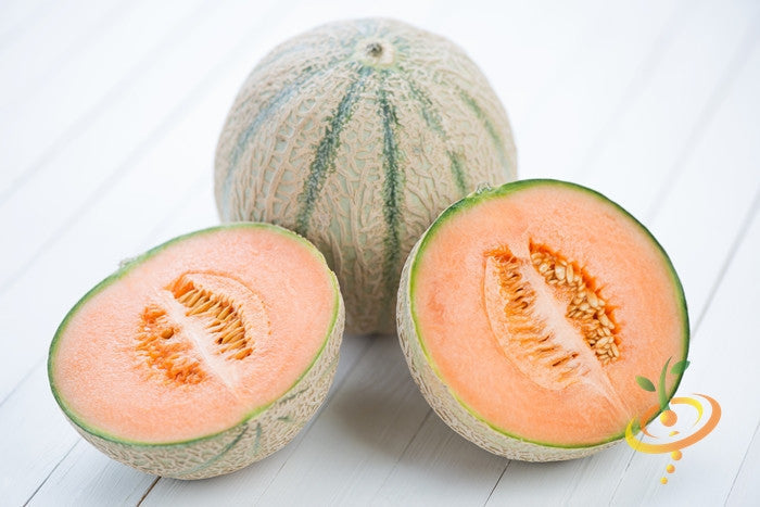 Hales Best Jumbo cantaloupe melon whole and halved showing bright orange flesh and netted rind on white surface