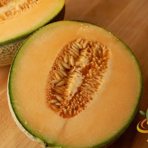 Honey Rock seeds cantaloupe melon cut open showing seeds and orange flesh