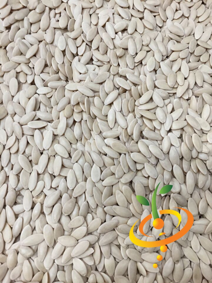 Close-up of lemon cucumber seeds piled together with a small plant logo in the corner