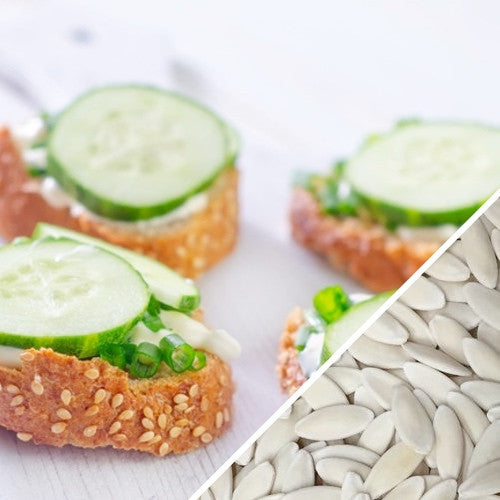 Tendergreen Burpless cucumber slices on sesame bread with green onions and close-up of cucumber seeds