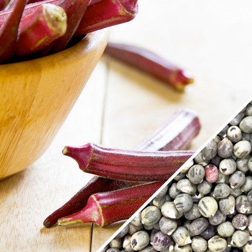 Close-up of fresh Red Burgundy okra pods alongside okra seeds in a wooden bowl
