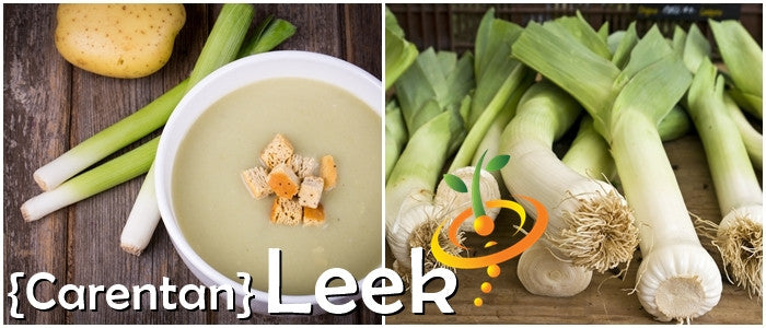 Fresh leek stalks and a bowl of leek soup with croutons on a wooden table, showcasing Carentan leek variety